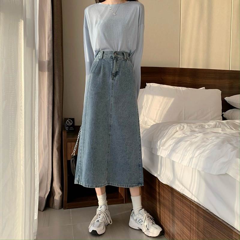 デニム きれいめ デニム ミモレ 大人可愛い ブルーデニム スリット ポケット ウォッシュ 個性的 ファスナー ラフ こな