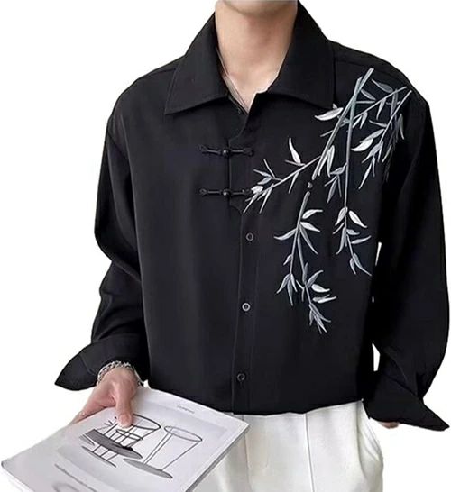 長袖 メンズ 中華風 シャツジャケット チャイナ 折り襟 竹柄刺繍飾り シャツアウター 春夏秋着 薄手 軽量 速乾