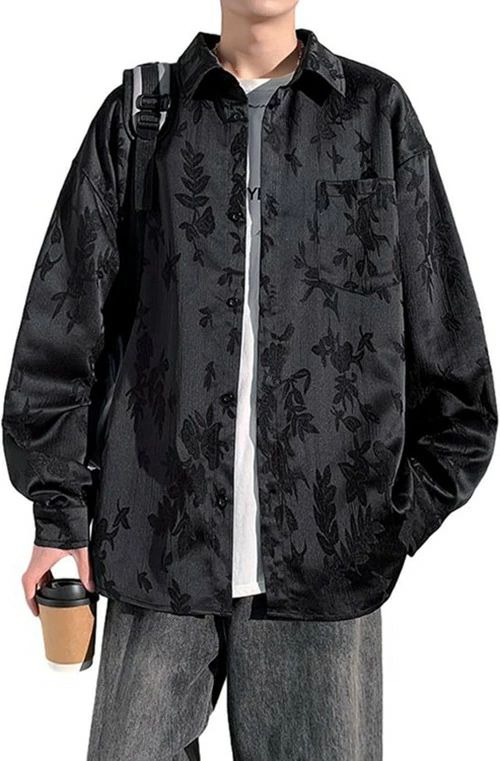 長袖 チャイナシャツ メンズ ジャカード チャイ風 花柄 総柄 ポケット付き ボタンダウン ワイシャツ 開襟シャツ ゆ
