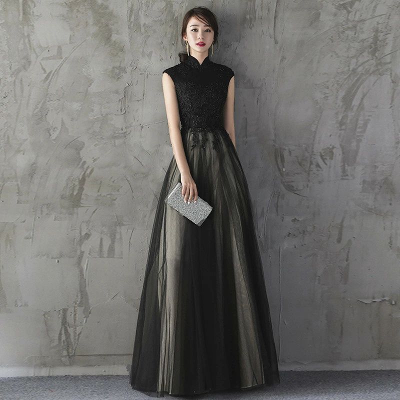結婚式 ワンピース ロングドレス 詰襟 ドレス レース チュール Aライン 演奏会 ロング丈 イブニングドレス カ｜Sショップ