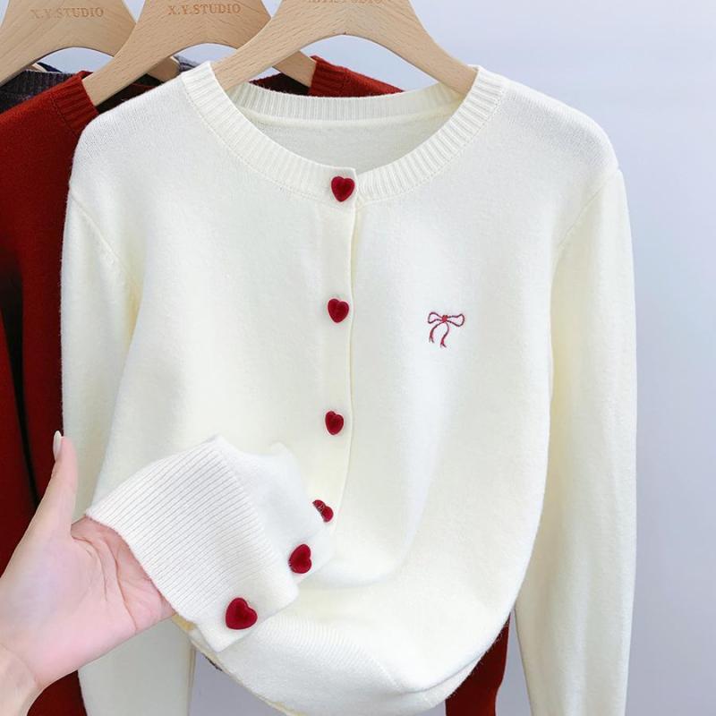 ガーリ かわいい きれいめ 韓国風 スリムフィット 羽織り 春秋冬 レーヨン混紡 Viscose 粘 刺繍 丸首 長袖 トップス レディース