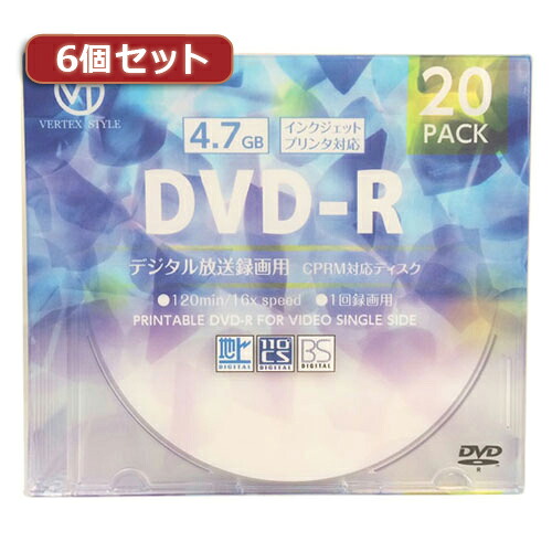 アイデア 便利 グッズ 6個セット VERTEX DVD-R(Video with CPRM) 1回録画用 120分 1-16倍速 20P インクジェットプリンタ対応(ホワイト) DR-120DVX.20CANX6 お得 な全国一律 送料無料