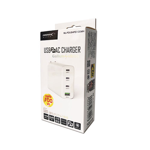 2025年 12月 クリスマス スマホ pc 部品 マウス パット WEB LAN ルーター パソコン スマートフォン スマホ OA機器 デジタル デジタル関連 | HIDISC GaN 窒化ガリウム 採用PD3.0 Type-C+USB-A 100W AC充電器 アダプター ML-PDUS4PG100WH