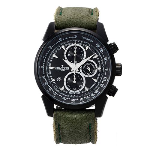 GRANDEUR PLUS フィンランド産エルクレザー クロノグラフメンズウォッチ ブラック/カーキ GRP001E6  | ウォッチ watch 時計 関連単語 ベルト ケース メンズ オシャレ 壁掛け レディース バンド カバー 充電器 腕時計 スタンド ワインダー ボックス メーカー