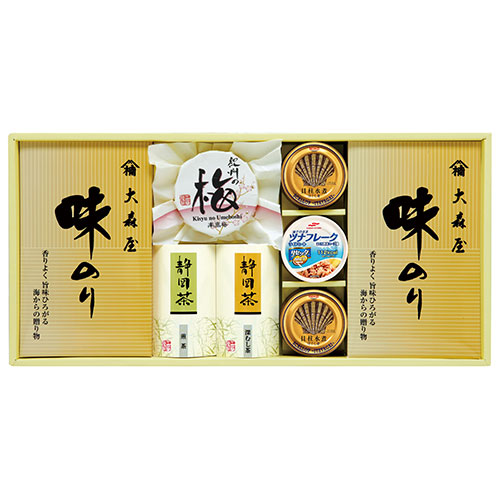 人気 おすすめ 定番 冬 新生活 ギフト 寒さ 対策 プレゼント 香味彩々 大森屋味のり、静岡煎茶、静岡深蒸し茶、紀州南高梅、マルハニチロ 油そのままライトツナリセッタ、宝幸貝柱水煮ほぐし身 NK-603 食品 佃煮 詰合せ セット ギフト | 関連単語 しょうゆ 鮭