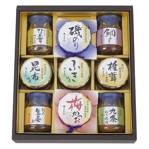 磯じまん ご飯のお供瓶詰セット 【鯛みそ・九条ねぎ味噌・磯のり・刻み生姜煮・梅かつお・椎茸ふくめ煮・柚子風味なめ茸・昆布佃煮・ふき佃煮】 V7064117｜創造生活館