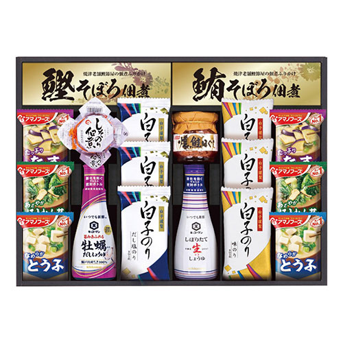 キッコーマン&アマノフーズ食卓詰合せ 【白子だし塩のり・白子味のり・アマノおみそ汁・島の香しそのり佃煮・ニッスイ焼鮭ほぐし ほか】 9119-028｜創造生活館