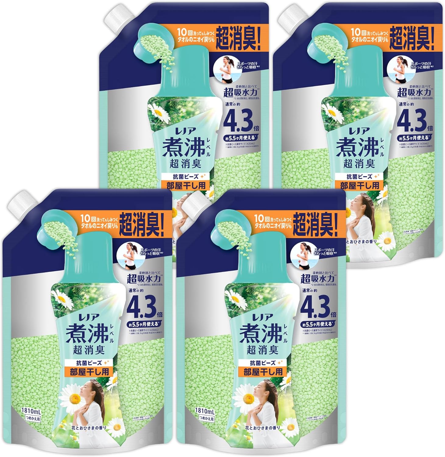 [まとめ買い]レノア 煮沸レベル超消臭 抗菌ビーズ 部屋干し用 花とおひさまの香り 詰め替え 1810mL [大容量]&times;4個セット｜SS企画オンライン