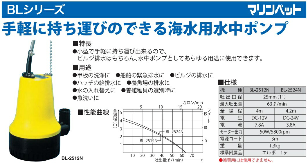 市場 工進 排水ポンプ BL2512N 小型 水中ポンプ 12V 海水用 マリンペット