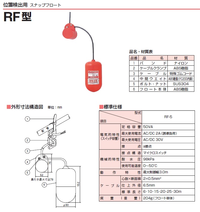 楽天市場 ツルミポンプ 水中ポンプ用 スナップフロート Rf 5 ケーブル10m付 A接点 鶴見製作所 自動 給水 排水ポンプ フロートスイッチ ｓ ｓ ｎ