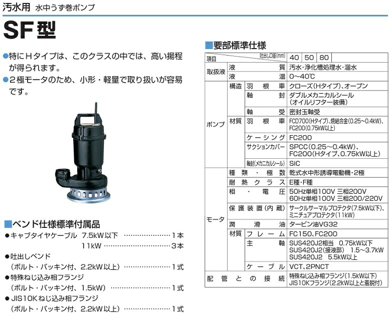 良質 ツルミポンプ 水中ポンプ 200V 汚水 排水ポンプ 50SF21.5 50mm