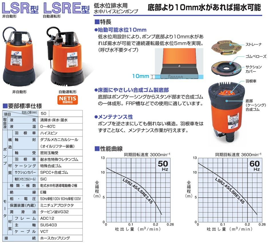 楽天市場 ツルミ 水中ポンプ 小型 100v 排水ホース10mセット 排水ポンプ Lsr2 4s 2インチ 50mm 家庭用 汚水ポンプ 水害対策 ｓ ｓ ｎ