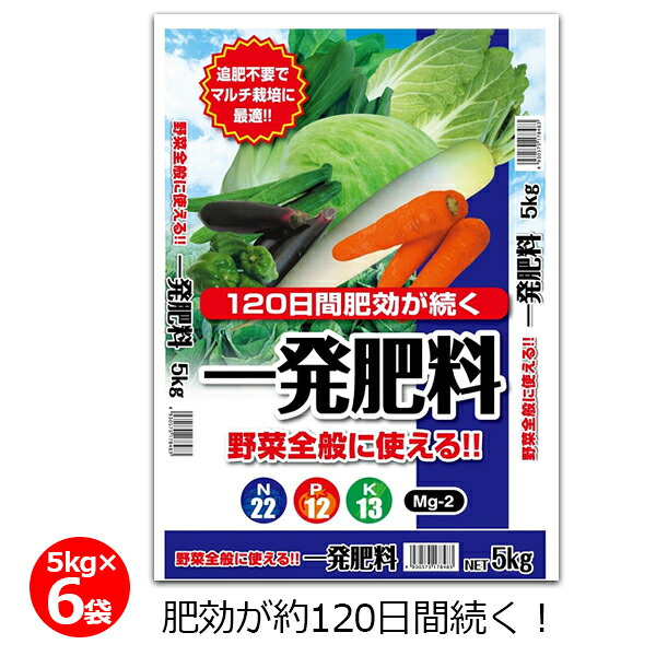 一発肥料 野菜全般用 5kg×6袋 30kg 肥料 野菜 肥効約120日 長期効果 簡単 粒状 苦土入り 家庭菜園 畑 園芸 ガーデニング|S.S.N