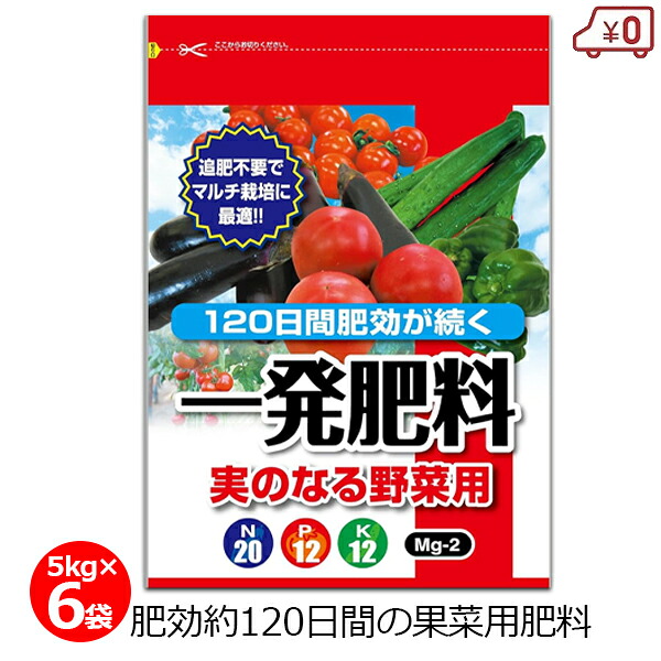 一発肥料 果菜類専用 5kg×6袋 30kg 肥料 トマト なす きゅうり 果菜 野菜 マルチ栽培 肥効約120日 長期効果 簡単 粒状 苦土入り 家庭菜園 畑 園芸 ガーデニング|S.S.N