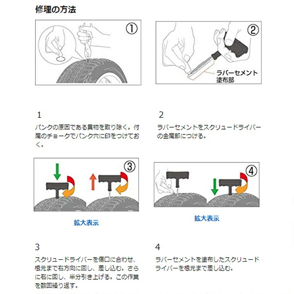 楽天市場 メルテック パンク修理キット 車 バイク セット Ml 331 乗用車 4wd チューブレスタイヤ用 パンク応急処置 ｓ ｓ ｎ