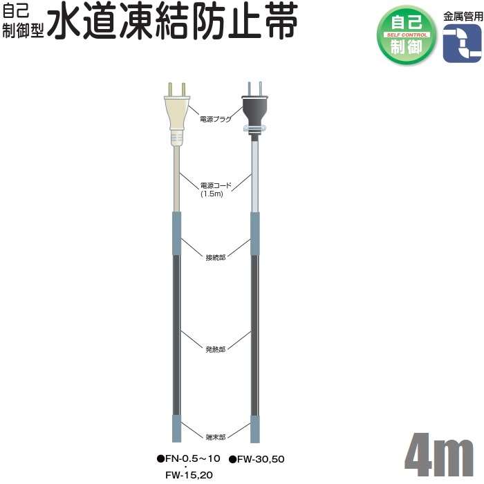 電熱産業 水道凍結防止ヒーター 4m 自動温度制御 配管凍結防止ヒーター 金属管用 FN-4 水道凍結防止帯 水道凍結ヒーター 水道管