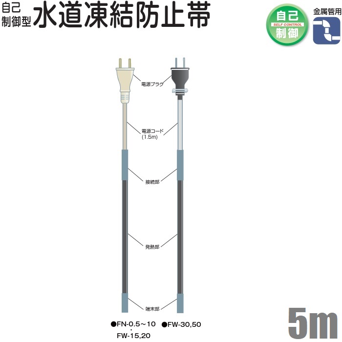 電熱産業 水道凍結防止ヒーター 5m 自動温度制御 配管凍結防止ヒーター 金属管用 FN-5 水道凍結防止帯 水道凍結ヒーター 水道管