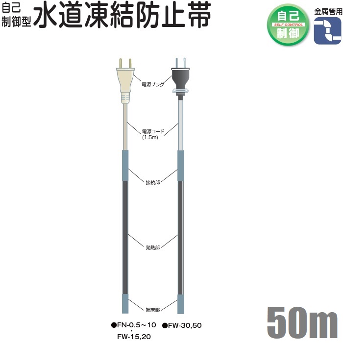 電熱産業 水道凍結防止ヒーター 50m 自動温度制御 配管凍結防止ヒーター 金属管用 FW-50 水道凍結防止帯 水道凍結ヒーター 水道管