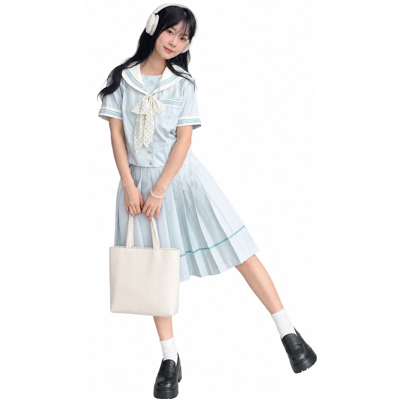 【清楚なJK表現スタイル】セーラー服 仕掛ける 半袖 JKユニフォーム 夏 2点仕掛ける 筋目スコート 女子高生 ユニフォーム 好いたらしい 学校ユニフォーム 学習者服 上下仕掛ける 水色 点火装置青色 シュロの葉引き分け 点点柄 膝丈 並み並み丈 前食い違い 衣嚢付 通学 普段着 コスプレ お召しもの 仮面舞踏会 培養祭