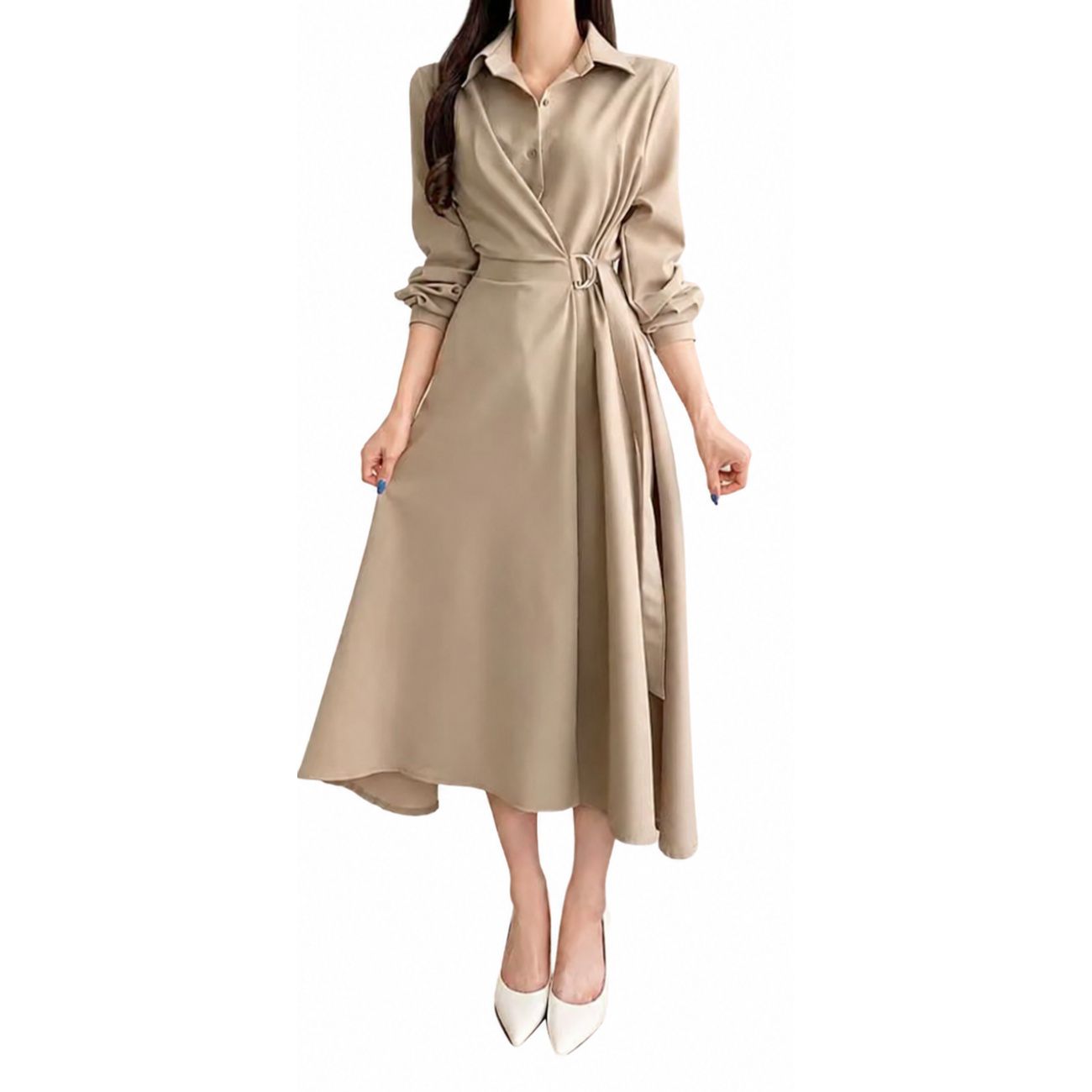 【美シルエット】シャツワンピース ロング レディース 長袖 ロングワンピース シャツワンピ ワンピ マキシ丈 ミモレ丈 襟付き ウエストマーク ベルト付き Aライン とろみ素材 体型カバー 着痩せ 細見え 通勤 オフィス きれいめ 大人可愛い 春 秋 冬｜エスエスギフトショップ