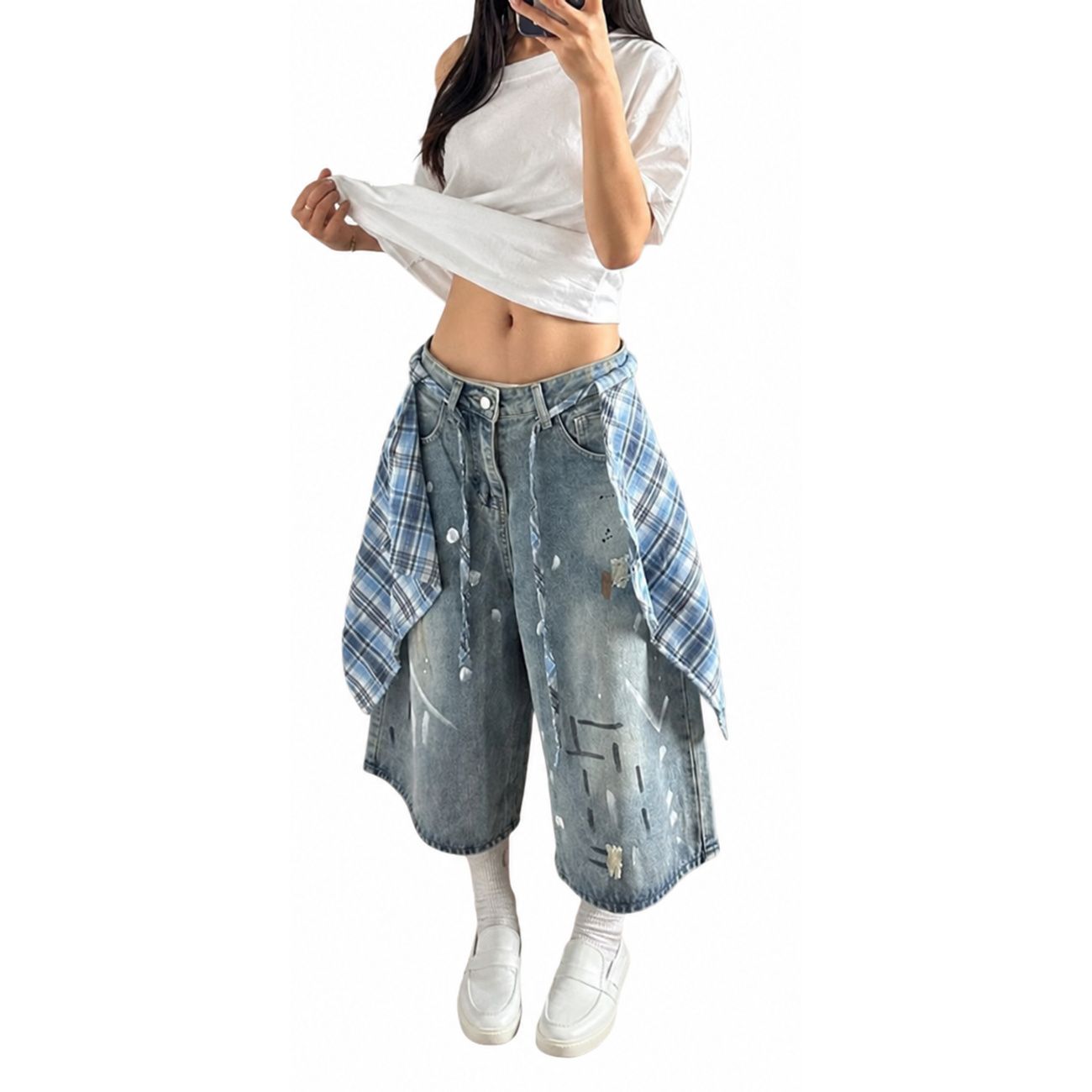 【腰巻きシャツ風】 デニム ワイドパンツ レディース クロップドパンツ 7分丈 ジーンズ ジーパン バギーパンツ チェック柄 ペイント ダメージ クラッシュ ユーズド風 ゆったり 体型カバー 着痩せ ストリート系 原宿系 アメカジ ダンス 衣装 ヒップホップ カジュアル 春｜エスエスギフトショップ