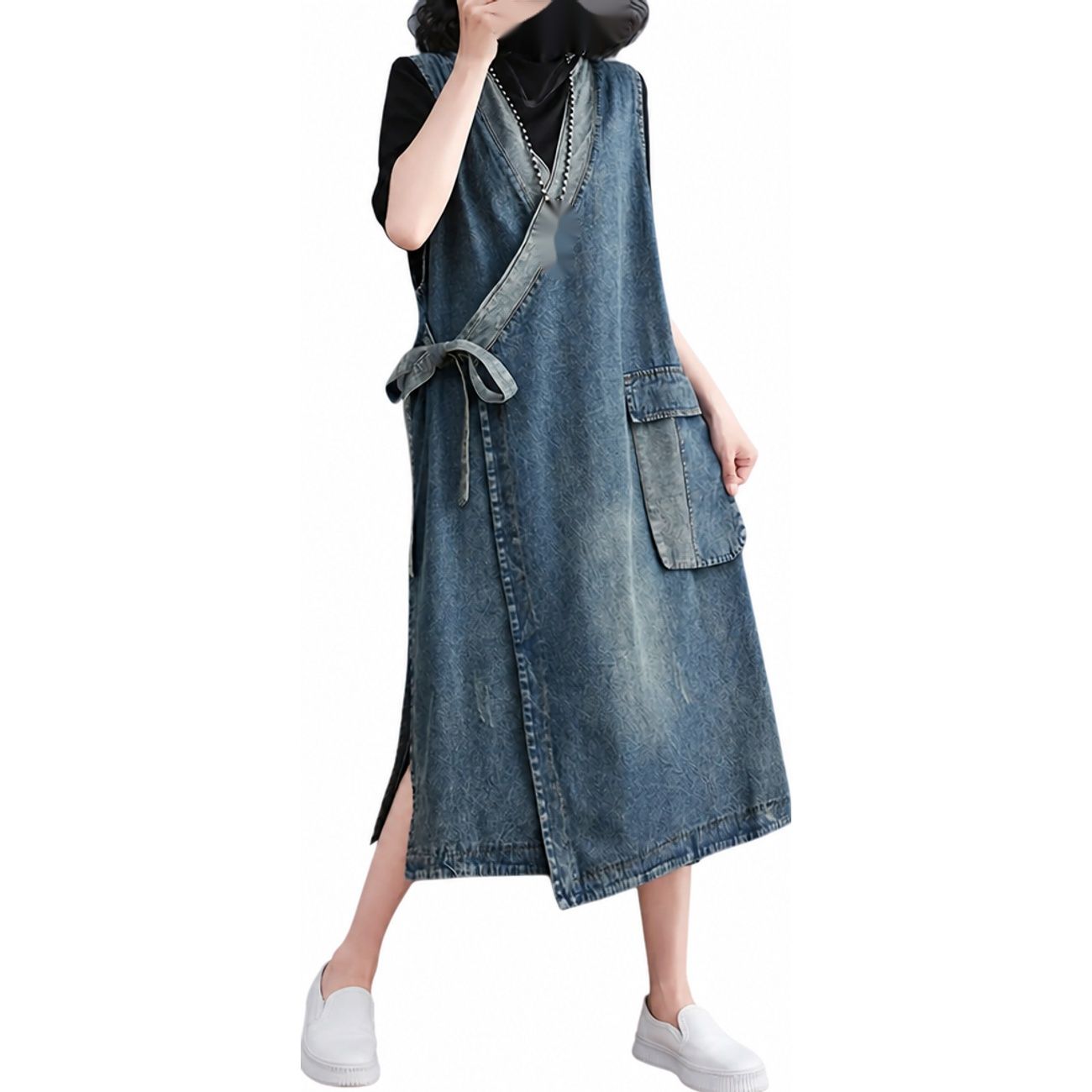 【体型カバー】 デニムワンピース レディース ジャンパースカート ジャンスカ サロペット カシュクール Vネック ロングワンピース マキシ丈 重ね着 レイヤード 着痩せ 細見え ゆったり 楽ちん Aライン ノースリーブ サイドリボン ポケット 春 夏 秋 冬 20代 30代 40代｜エスエスギフトショップ
