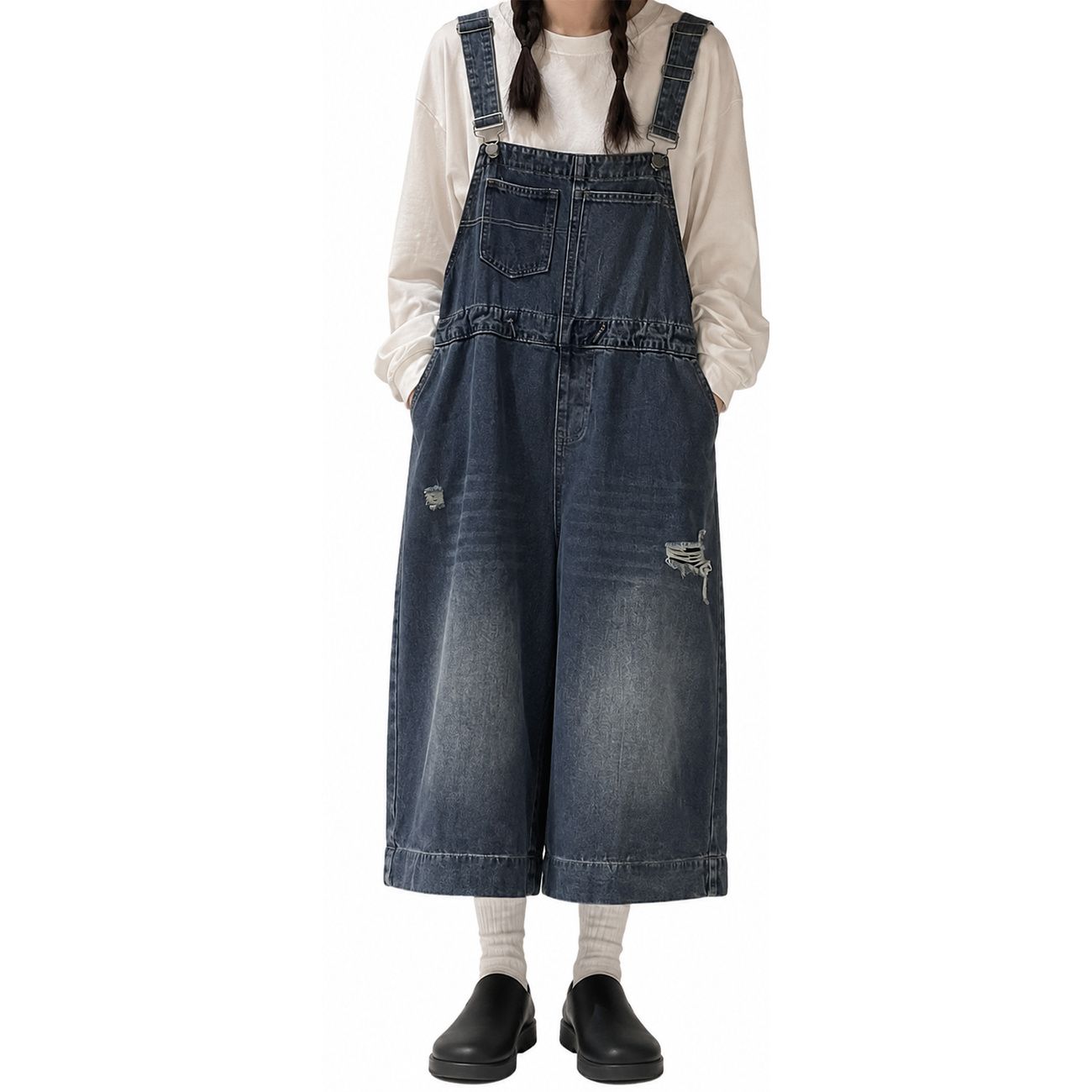 【ユーズド風】デニム サロペット オーバーオール オールインワン レディース つなぎ ジーンズ ジーパン ワイドパンツ クロップド 8分丈 9分丈 ダメージ クラッシュ ゆったり 体型カバー 着痩せ 肩紐調整 カジュアル ママ 春夏秋冬｜エスエスギフトショップ