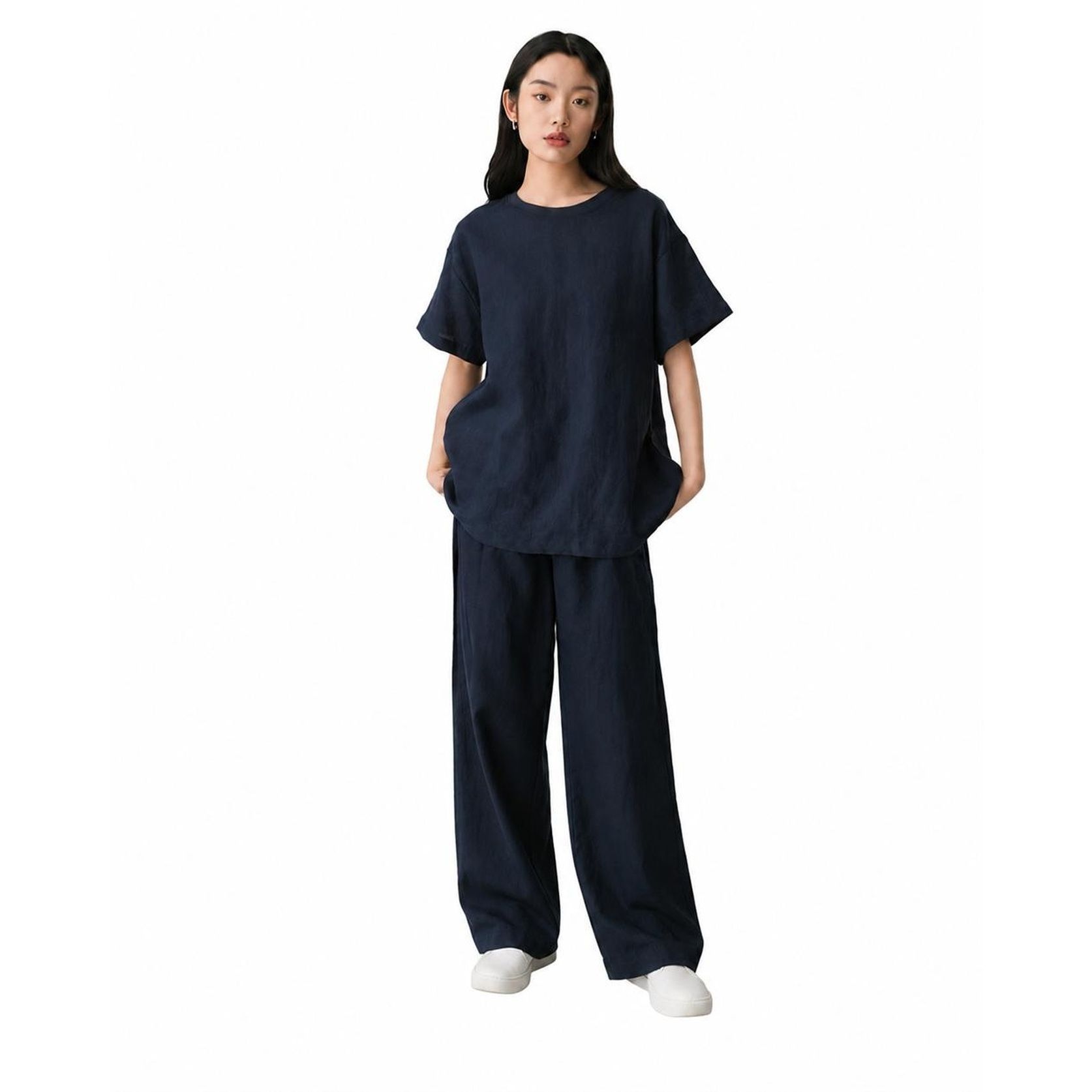 【セットアップ対応】リネンタッチ Ｔシャツ レディース 半袖 五分袖 カットソー トップス クルーネック 丸首 無地 麻混 リネン風 ゆったり オーバーサイズ 体型カバー お尻が隠れる 涼しい 吸汗速乾 通気性 楽ちん カジュアル きれいめ オフィス 通勤 春 夏｜エスエスギフトショップ