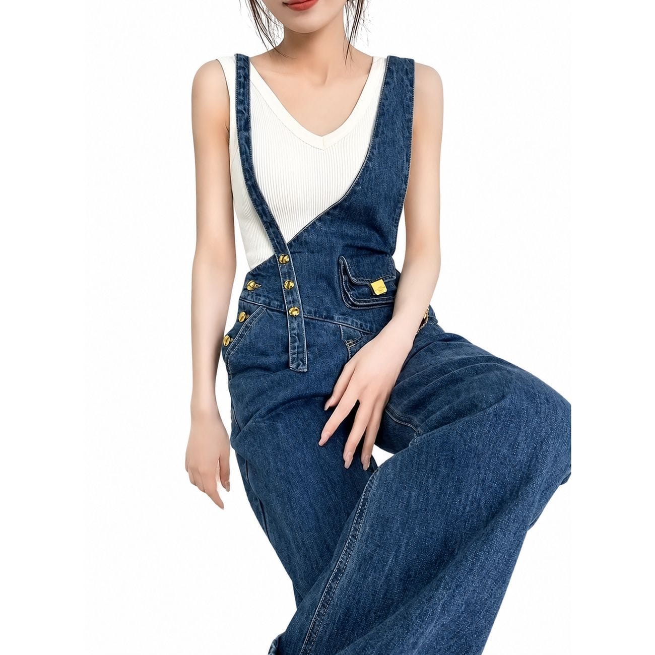 【アシンメトリー】サロペット デニム レディース オーバーオール 金ボタン ワイドパンツ ハイウエスト オールインワン つなぎ ジーンズ ジーパン ボトムス ロングパンツ ワークパンツ 体型カバー 着痩せ 細見え 脚長 美脚 楽ちん 大人可愛い きれいめ カジュアル｜エスエスギフトショップ