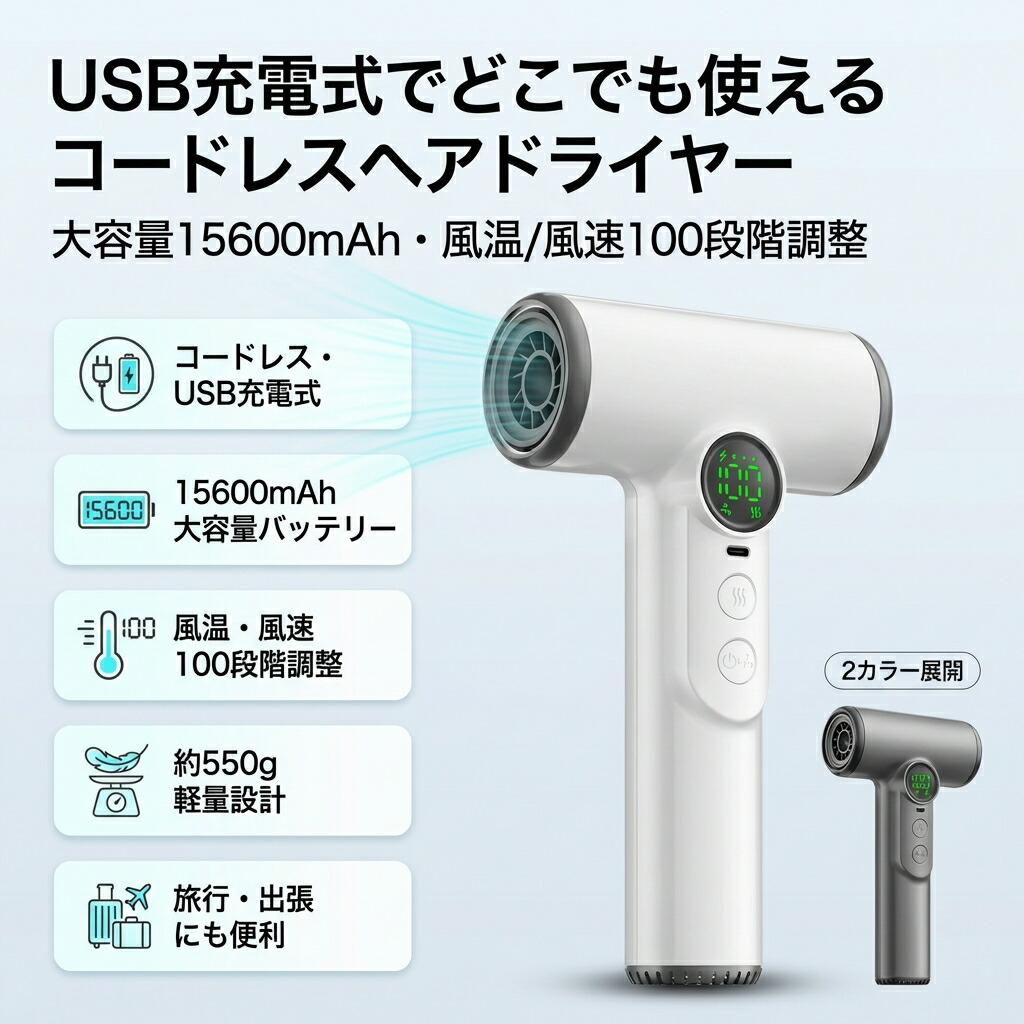 【USB充電式でどこでも使える】コードレスヘアドライヤー ワイヤレス ドライヤー 200W 15600mAh 風速・風温調整 100段階 軽量550g 旅行用 家庭用 ポータブル 集風ノズル付き ポイント消化 プレゼント ギフト 人気 おすすめ 新生活 母の日 父の日 誕生日