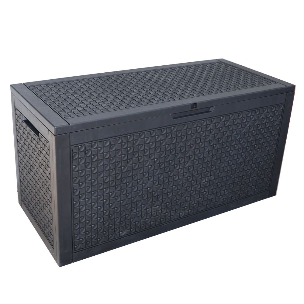 屋外収納ボックス ブラック 380L 123&times;54.5&times;62cm 屋外ストッカー 大容量収納ボックス 鍵穴付き 収納ケース ガーデンボックス 物置 屋外収納 コンテナ ボックス おしゃれ 木目調 ガーデン/庭/ベランダ 頑丈｜STペットハッピー屋