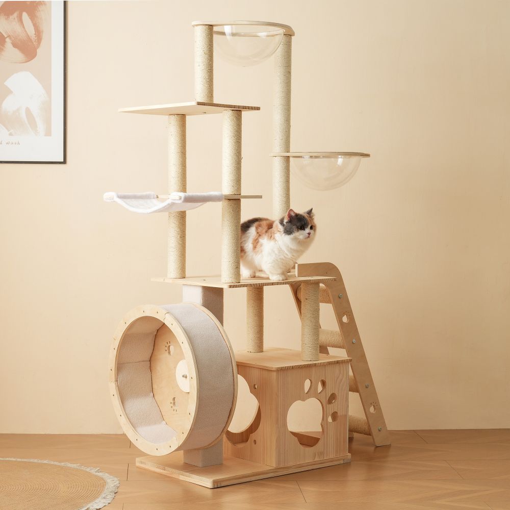キャットタワー 大型 据え置き 多頭飼い対応 天然木 ランニングホイール付き 165.5cm 猫タワー 宇宙船 ベッド 爪とぎ スロープ付き 運動不足解消 高耐久 木製 安定設計