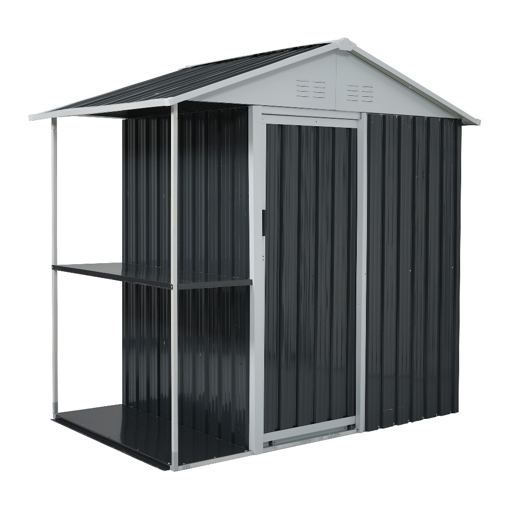 【レビュー投稿で5%OFFクーポン】物置 屋外 収納ラック付き スチール製 W193×D130×H189cm 大容量 屋外収納庫 戸外収納 防さび 防水 大型 物置き 倉庫 引き戸 ガーデニング収納 ベランダ収納