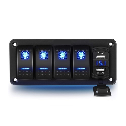 4 Gang Rocker Switch Panel with Dual USB Charger デュアル USB充電アダプター USBチャジャー 充電器 スイッチ スイッチ アメ車 アメリカ 充電 LED電圧計 カスタムパーツ ブルー