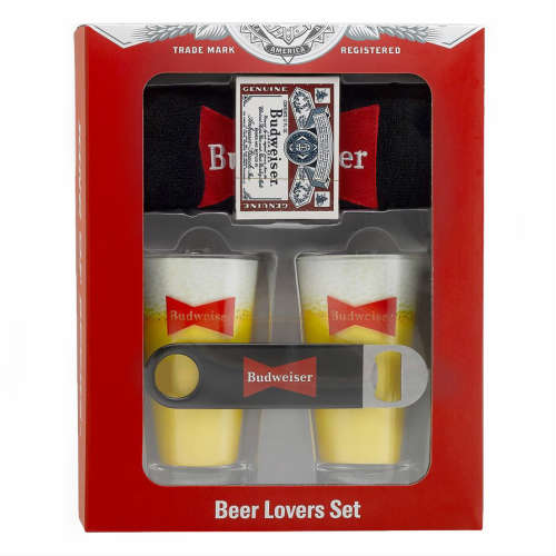 BUDWEISER GIFT BOXED BEER LOVERS SET バドワイザー 差し上げ物ボックス席 書き割り タンプラー水のみ2個 加留多 西洋手ぬぐい 麦酒 内燃機関 亜米利加 寄り合い 硝子 カップ ビアーマグ 栓抜き 西洋手ぬぐい 歌留多 亜米利加 アメリカン