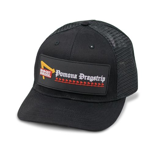 IN-N-OUT-BURGER Pomona Dragstrip HAT インアウトバーガー ポモナ ドラッグストリップ ハット スナップバッグキャップ 黒 ブラック アメリカ アメリカン キャップ 帽子 ハンバーガー屋 CA カリフォルニア インナウトバーガー