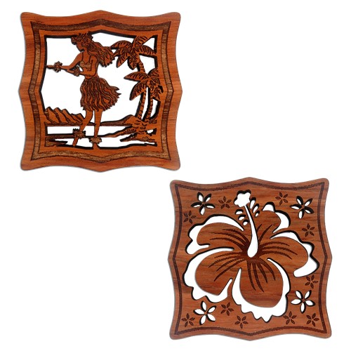 Wood Coaster 木製 コースター 4枚SET ハイビスカス フラガール Hula ハワイ hawaii ウッド ハワイアン アロハ バー Bar ビール アメリカ USA パブ USA 店舗 南国 ギフト ハワイ雑貨 ハワイアン雑貨