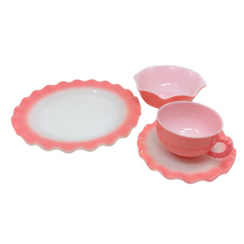 【中古】Hazel Atlas Pink Ripple 4点セット ヘーゼルアトラス ピンク リプル リップル プレート ボウル ティーセット カップ ソーサー フリル かわいい 中古 海外輸入中古品 マグカップ USA ビンテージ ミルクガラス アメリカ アメリカン｜STAB BLUE ENTERPRISE