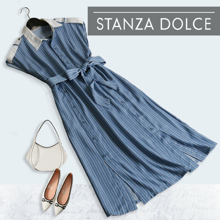 レディース 細ストライプに白襟が大人清楚なワンピース ワンピース フェミニン ロング丈 40代 ストライプ リボン 50代 ノースリーブ 白襟 上品 特別クーポン配布中 きれいめ 白襟 春 夏 梅雨 大人 代 30代 40代 50代 新作 No 12 960 1016 Stanza Dolce
