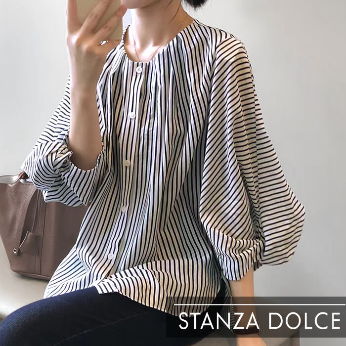 【20％OFFクーポン配布中】 トップス レディース ブラウス ストライプ ベルト ポワン袖 ぽわん袖 ボリューム袖 上品 大きいサイズ きれいめ 1枚で決まる 20代 30代 40代 50代 60代 春 [NO.12-101-168bss](7812) 母の日 6,922円