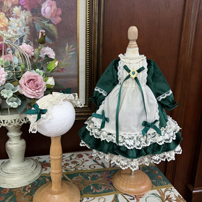 ドール用　衣装(サップグリーン)　アウトフィット　1/4サイズ　ハンドメイド 楽天市場】BJDドール服 グリーンベロア レースエプロンドレス 豪華2点