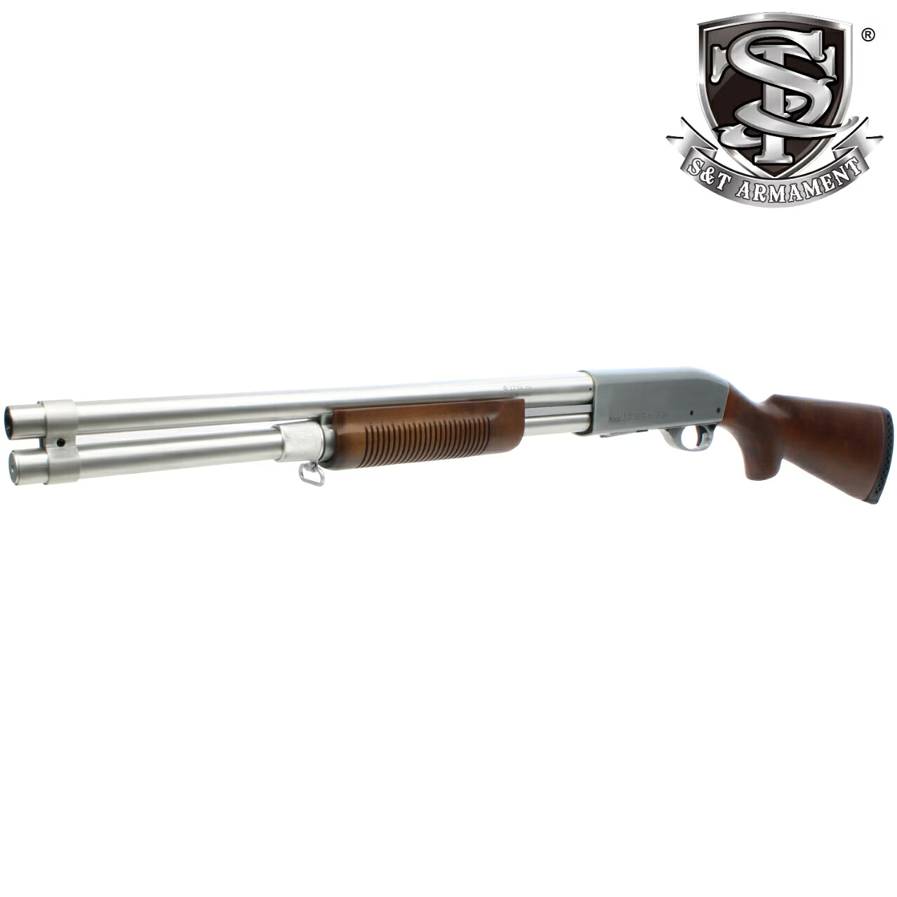 S&T M870 ロング リアルウッド エアーコッキングショットガン シルバー (SUPER MAGNUM刻印)｜スカイスター