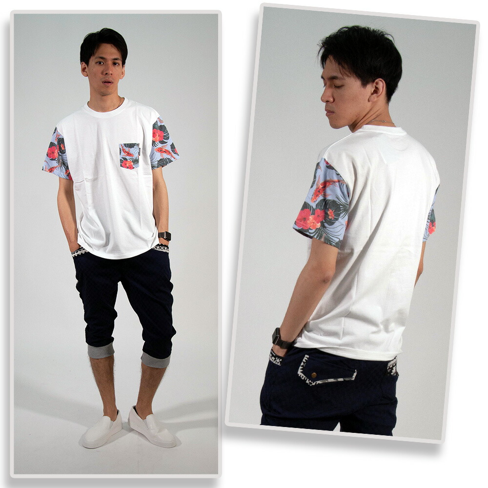 楽天市場 Tシャツ ポケットt ボタニカル柄 鯉 メンズ 半袖 プリント クルーネック 袖柄 プリントt ミッションベイ