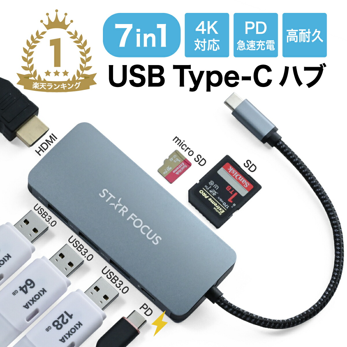 楽天市場】【10/15 全品10％OFF＆P4倍】【楽天1位 10冠】USB Type-C ハブ 7in1 USB変換アダプタ HDMI 4K  USB3.0 ポート PD急速充電 SDカードリーダー 高速 データ移行 ケーブル USBハブ USB-C タイプC typec SDカード  MacBook Air iPad Pro Surface Nintendo Switch ...