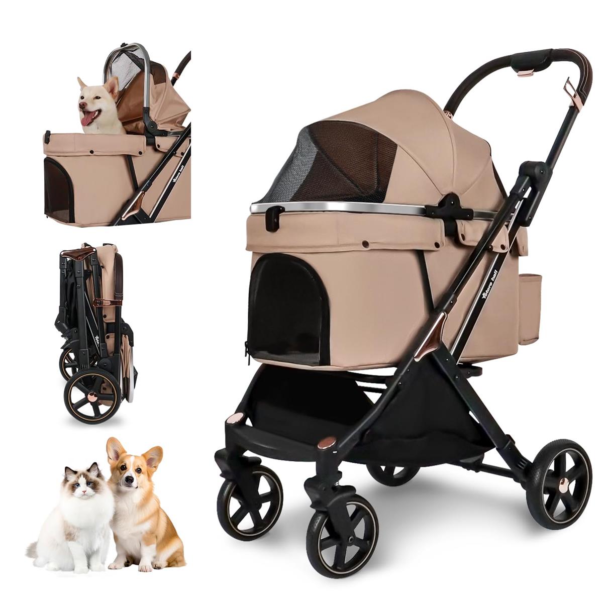 Totoro ball ペットカート 犬 バギー 4輪 犬用カート 中型犬 小型犬2匹 猫 飛び出し防止リード2本付き 耐荷重30Kg 一体型 ワンタッチ折り畳み コンパクト收? 自立式 広い空間 組み立て簡単 18か月保証期間 介護用 お出かけ 散歩 キャンプ (ベージュ)｜STARFORD