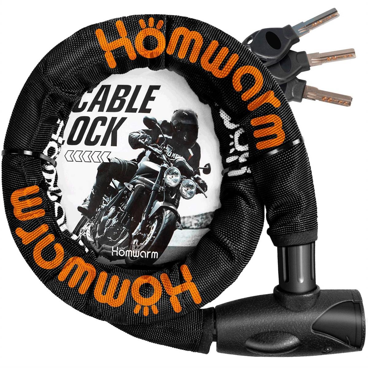 Homwarm バイクロック チェーンロック バイク 自転車 ワイヤーロック φ(直径)22mm×1200ｍｍ 頑丈 盗難防止 鍵3本セット (ブラック)