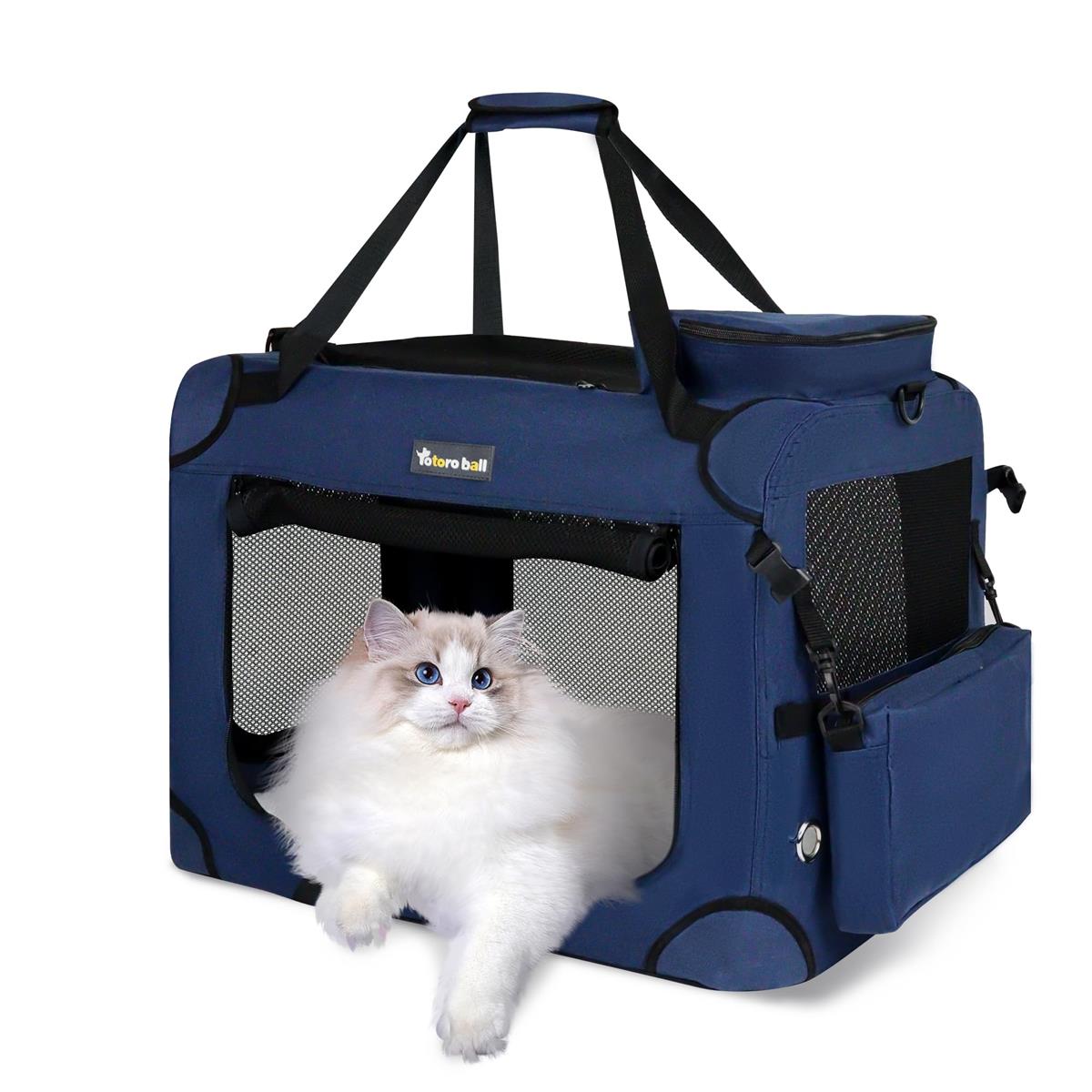 Totoro ball 犬用キャリーバッグ ソフトクレート小型犬 キャリー 猫 キャリーバッグ キャリーケース 折りたたみ 犬 車用ケージ 5面メッシュ ロック付き 給水ボトルバンド付き 小型犬・猫2匹7kgまで『車載、旅行、避難、アウトドア、帰省で活用！』 (ブルー, S（50L x 35W x 3