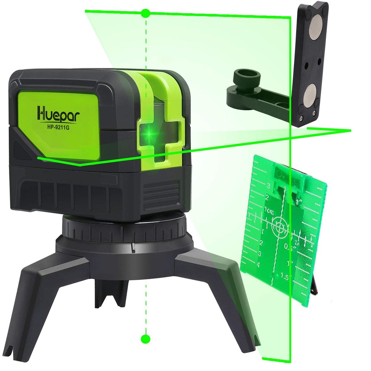 Huepar 2伝達ルート 緑であること レーザ墨出し器 2尖んがり 緑であること クロスラインレーザー 自動小銃気泡管水準器合わせる役立つこと 高明快さ 伝達ルート出射角110°＆180° 地墨 垂直方向尖んがり 2線2点 9211CG。