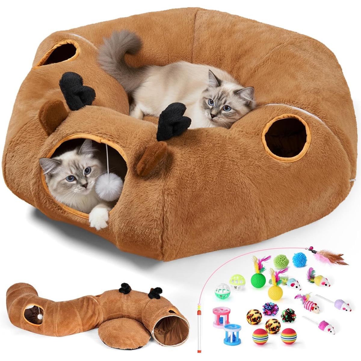 Odoland 85cm 猫トンネルベッド ドーナツ型 160cm長いS型 キャットトンネル クッション付き ふわふわ 猫遊び 運動不足対策 折りたたみ可能 水洗い可能 小型犬 うさぎ 大型猫用おもちゃ トナカイ