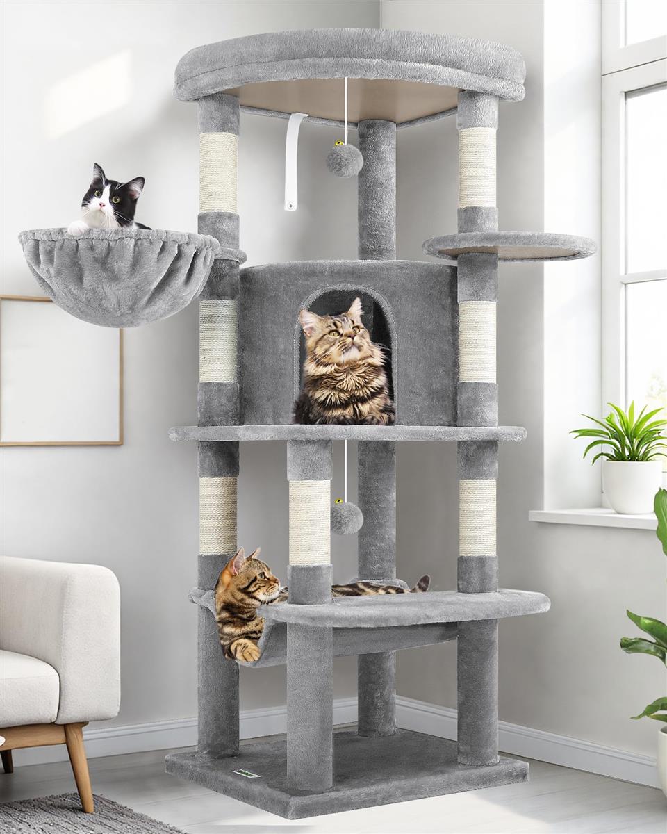 Globlazer キャットタワー コーナ猫タワー 猫ハウス 大型猫 据え置 き 天然麻紐 爪とぎポール 隠れ家 展望台 ハンモック ポンポン おもちゃ 転倒防止装置 優しい丸角設計 おしゃれ 省スペース 登りやすい 組立簡単 頑丈 安定感 運動不足解消 高さ130cm ライトグレー C51